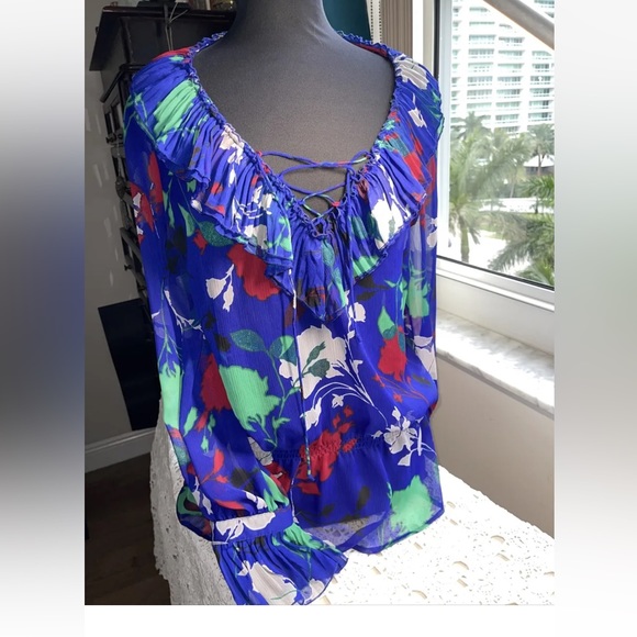 George Tops - George Blue Floral Sheer Ruffled Blouse Deep V Neck , Size Medium